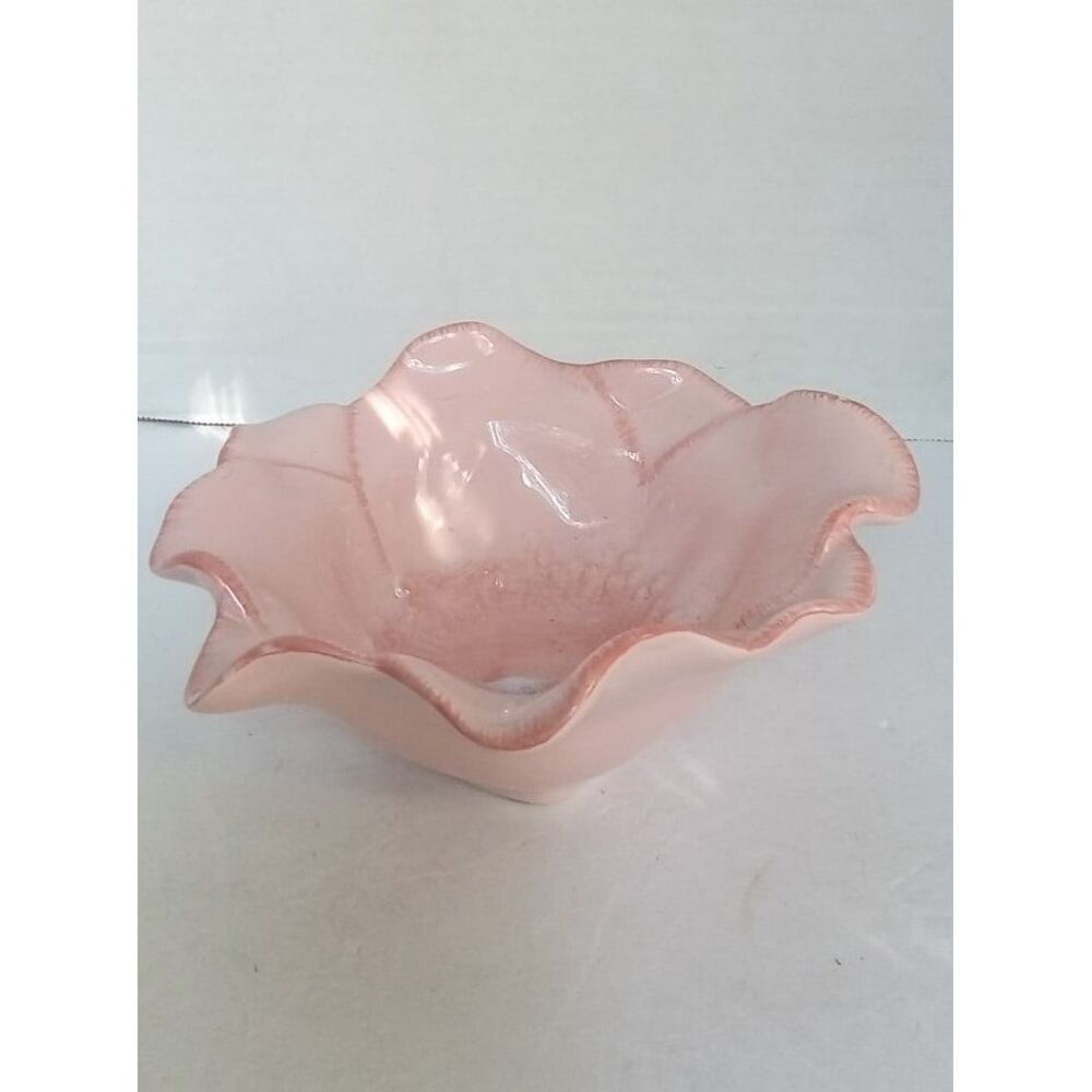 Vintage Blush Pink Glass Decorative‎ Bowl Ruffled Edge Flower Shape Serving Dish